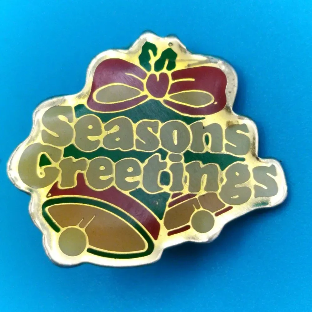 Vintage Seasons Greetings Holiday Christmas Pin Brooch Bells Bow Gold Tone
